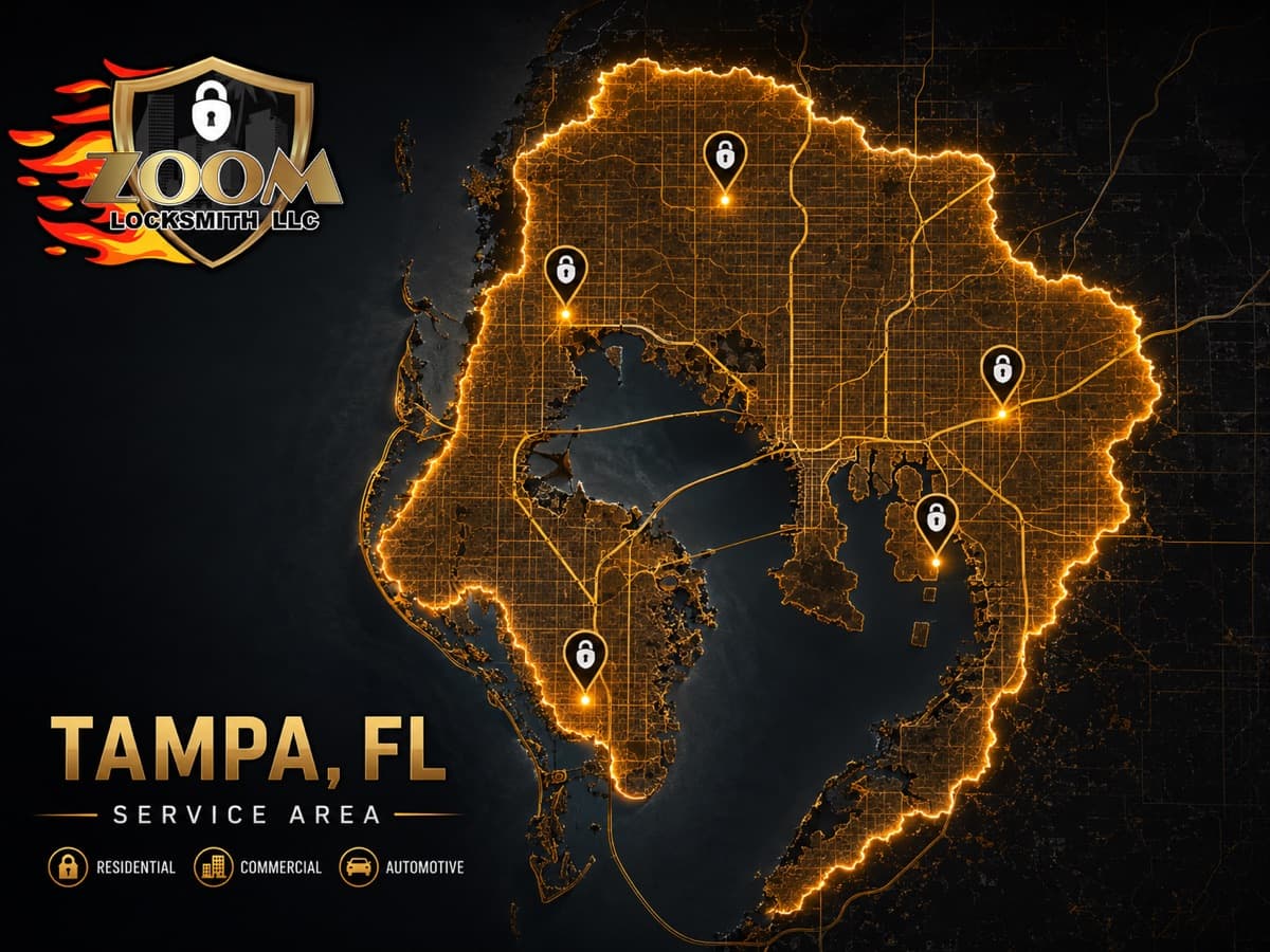 Zoom Locksmith Tampa Bay service area coverage map across Hillsborough, Pinellas, and Pasco counties